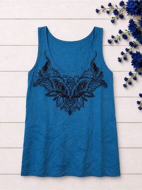 Express blue tank top with black sequins feminine festival sequin top